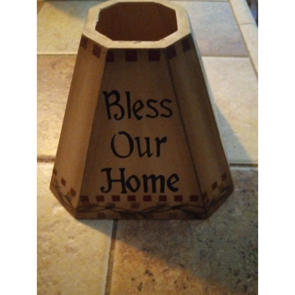 Bless Our Home Wooden Candle Jar Shade Folk Art Primitive Winter House Topper